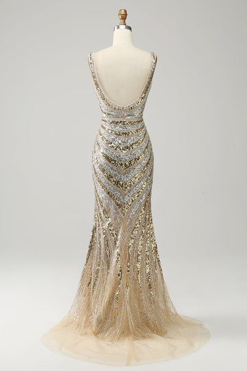 Mermaid Deep V Neck Golden Long Ball Dress with Slit